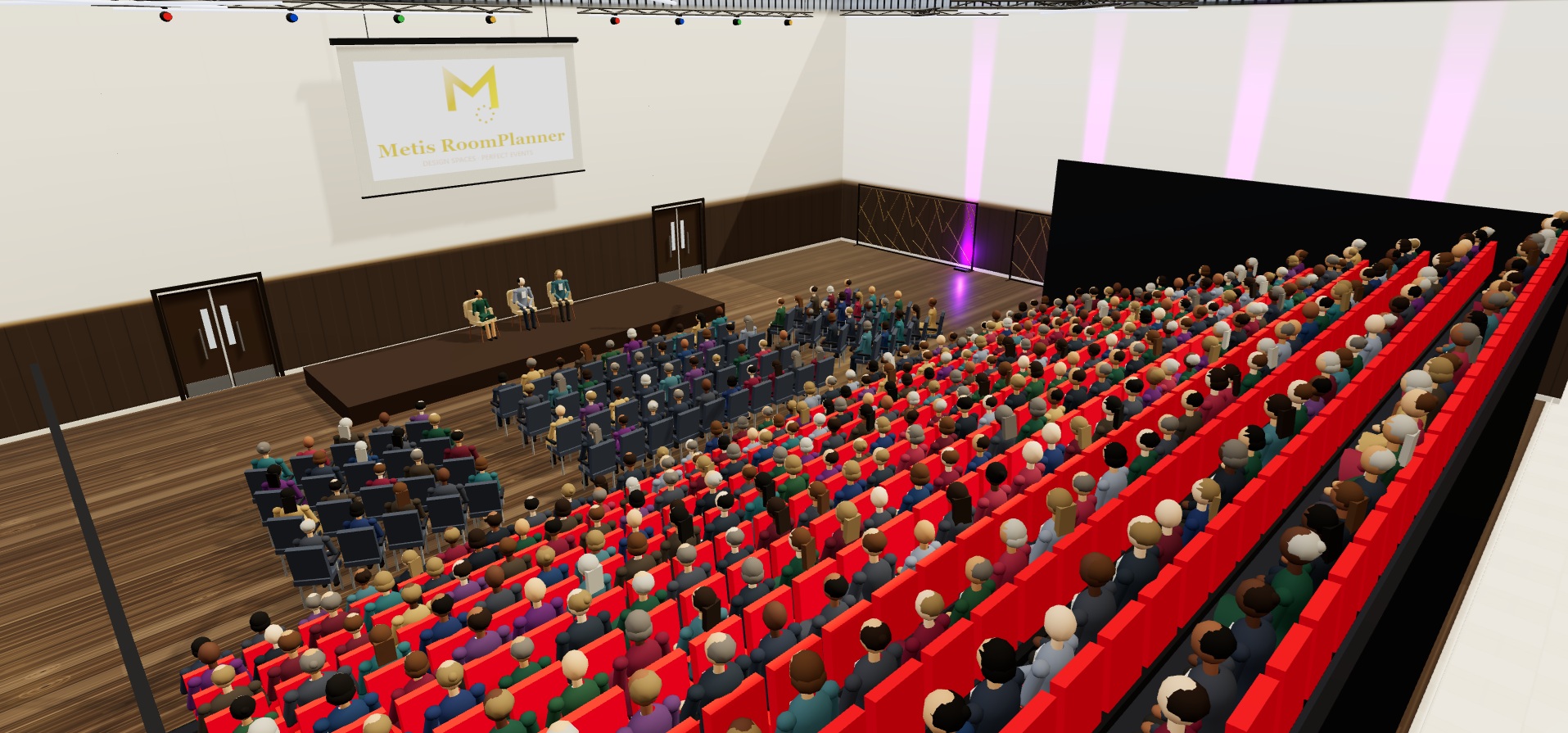 Stadium auditorium in 3D — retractable seating bank and flat-floor rows with an audience in every seat