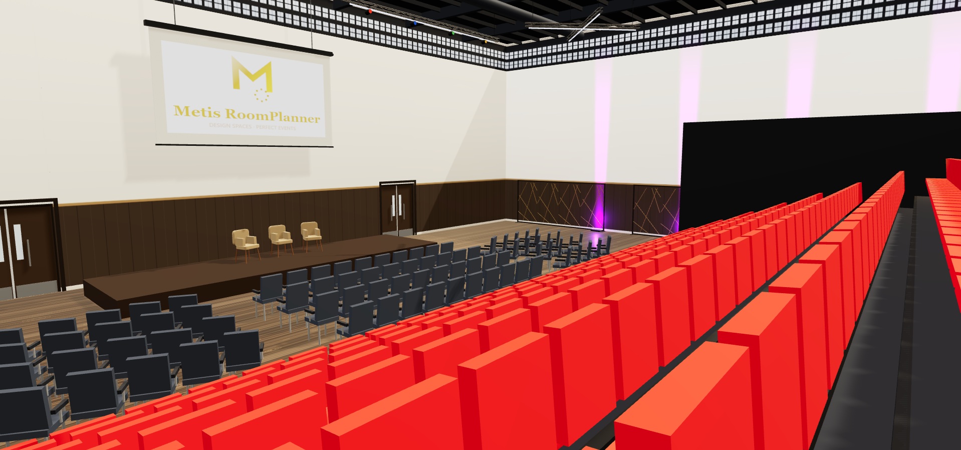 Empty stadium auditorium in Metis 3D — retractable seating bank and flat-floor rows before setup