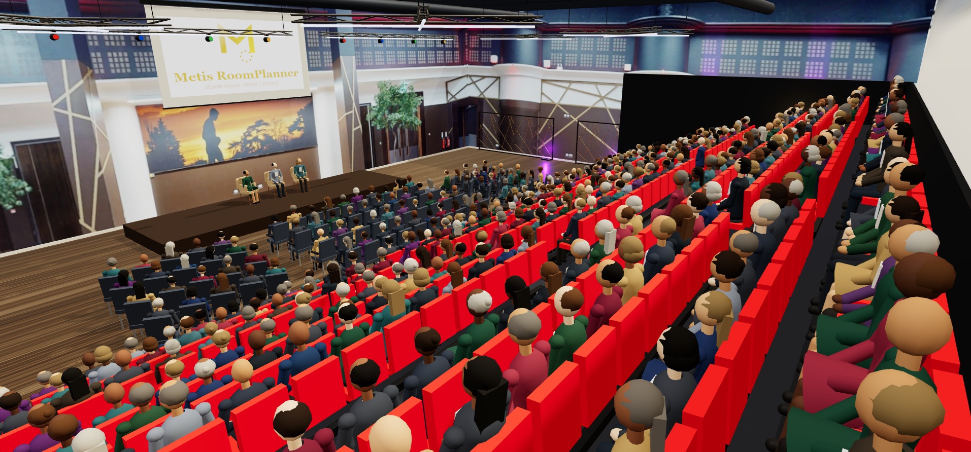 Stadium-scale auditorium in Metis 3D with photographic wall finishes applied — the room's real character in the walkthrough