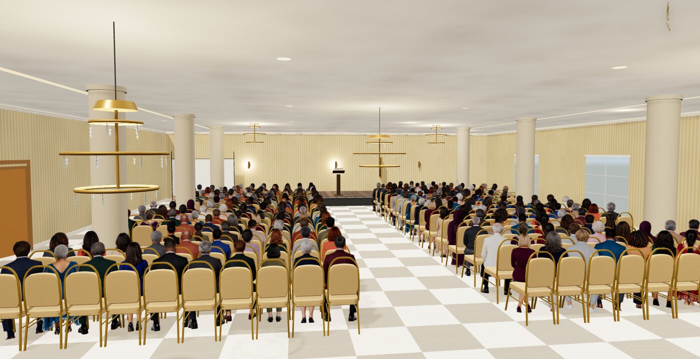 A theatre layout for 250 created by Metis AI from one sentence, shown in 3D with delegates facing the stage