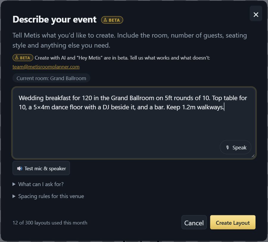 The Create with AI panel in Metis with a typed wedding brief for 120 guests