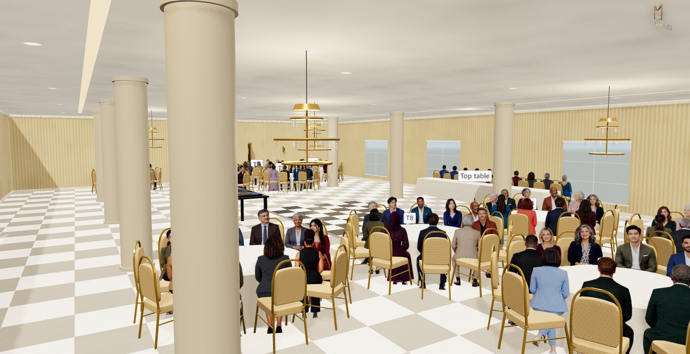 The same AI-created wedding layout in Metis 3D, with guests seated at round tables under the chandeliers