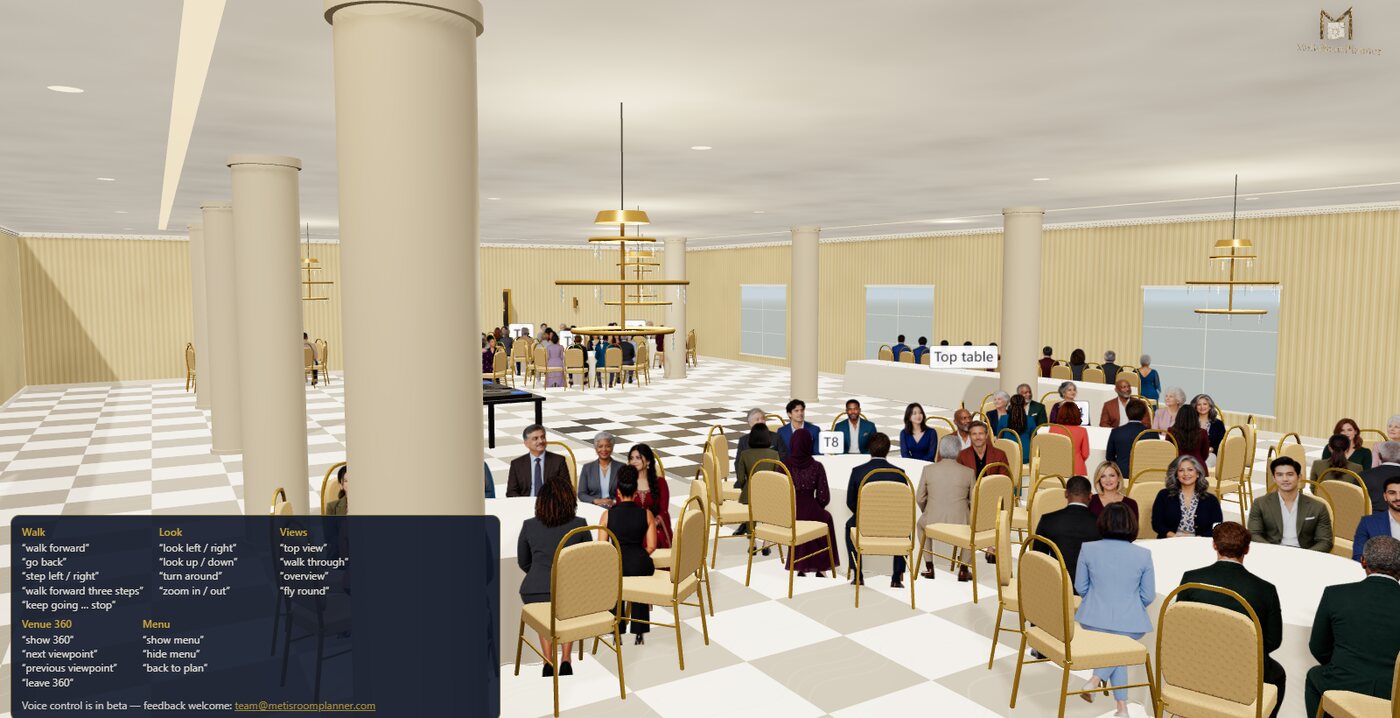 Metis 3D view of a wedding with the voice command menu open: walk, look, views, Venue 360 and menu phrases