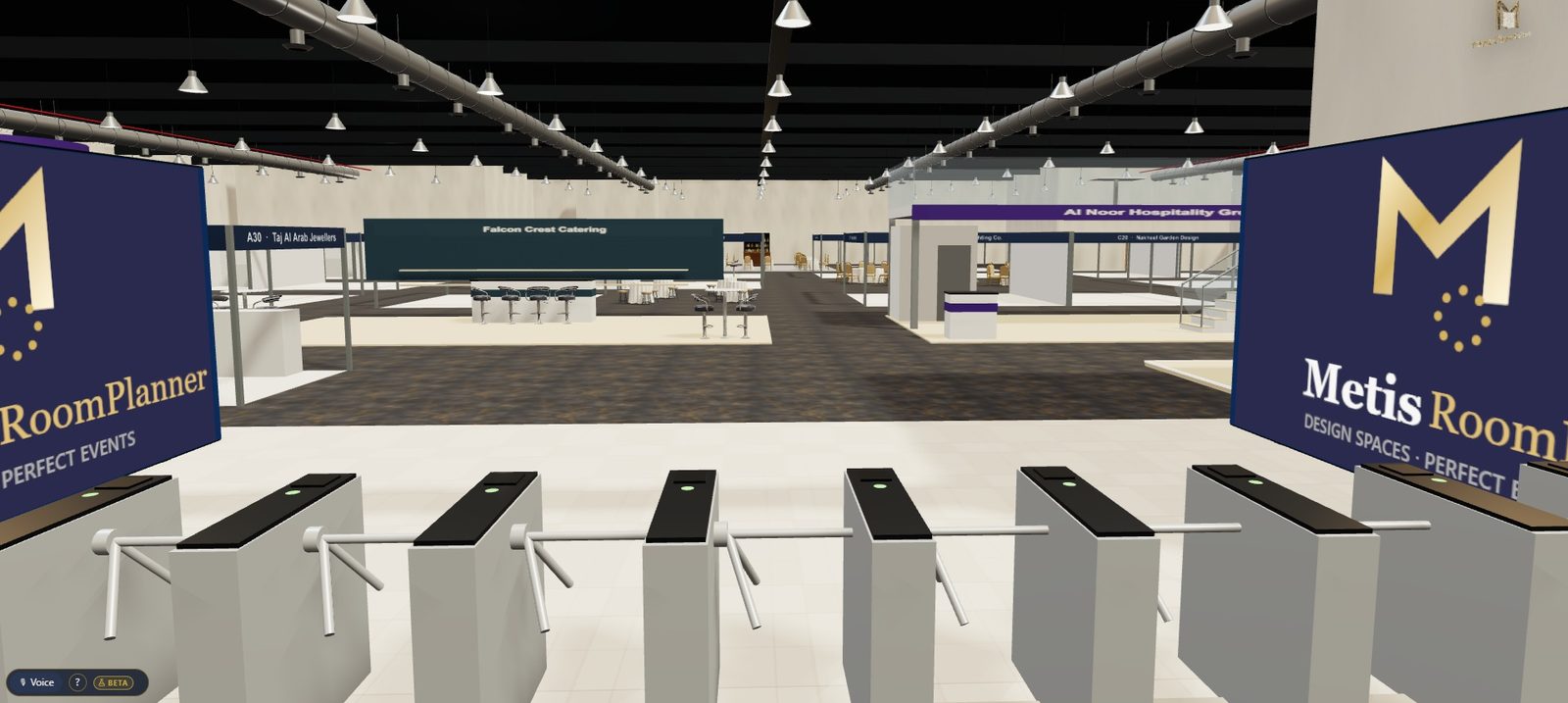 The view from the visitor entrance: a bank of turnstiles between two branded panels, looking down the main aisle of the exhibition
