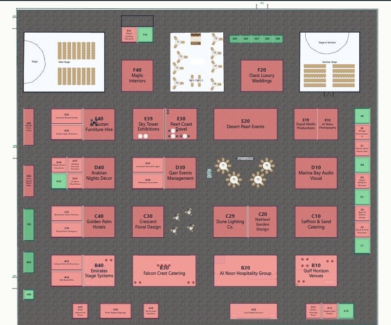 An exhibition hall plan in Metis with sold stands in red and stands still for sale in green, two seminar theatres and a café