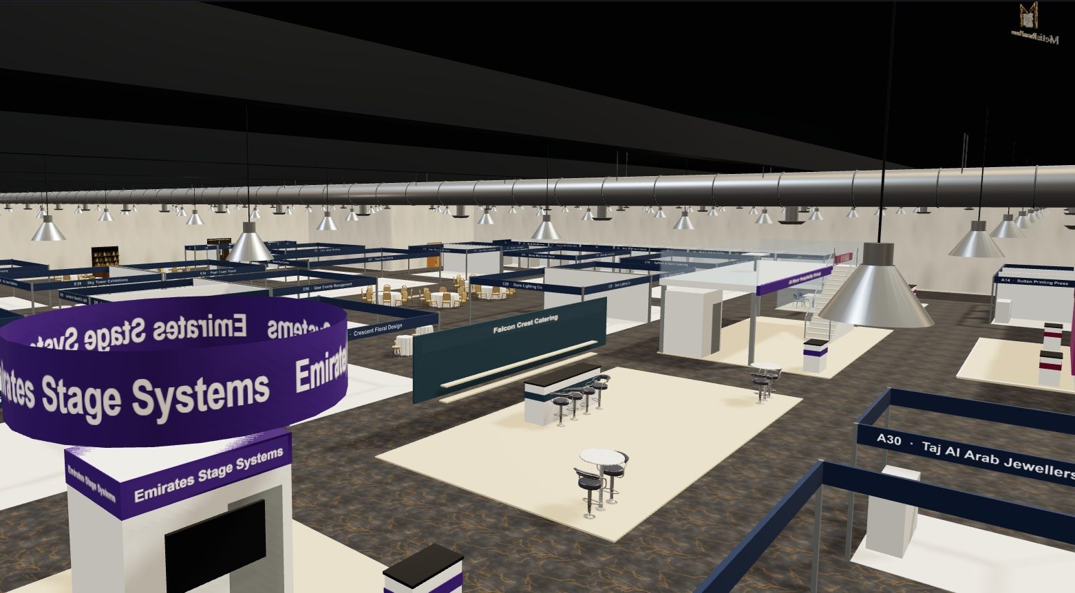 An exhibition hall planned in Metis, shown in 3D with shell scheme stands, exhibitor names and aisles
