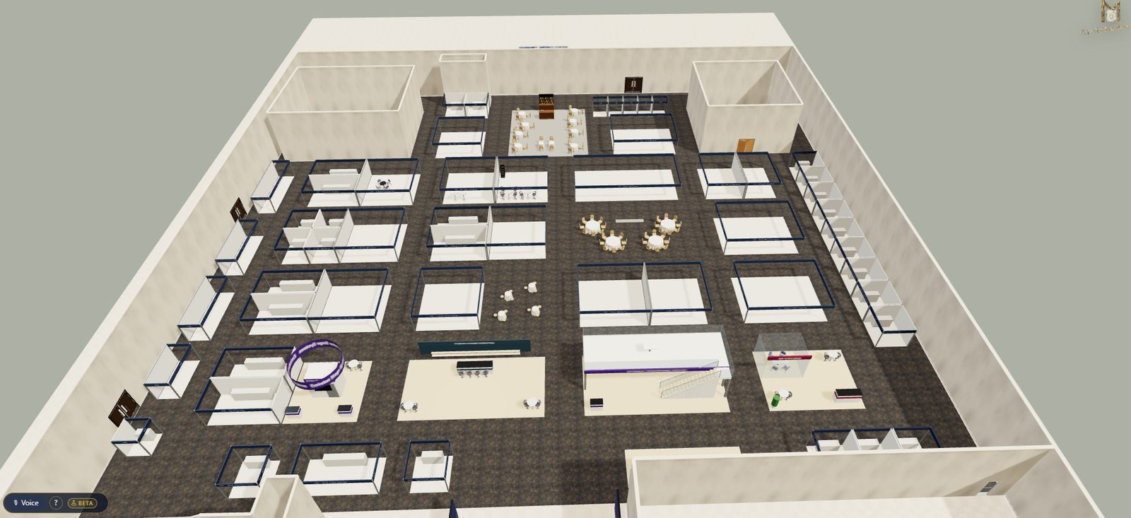 A bird's-eye view of the whole exhibition hall in 3D with seminar theatres, a café and rows of stands