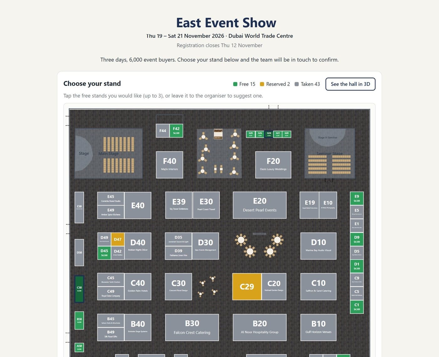 A show's registration page: the title, dates and venue, a key of free, reserved and taken stands, a See the hall in 3D button, and the hall plan with its carpet, stages, café and stands, free stands in green with their prices