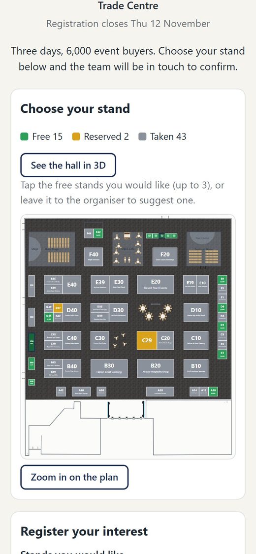 The same registration page on a phone, with the whole hall fitting the screen and a Zoom in on the plan button