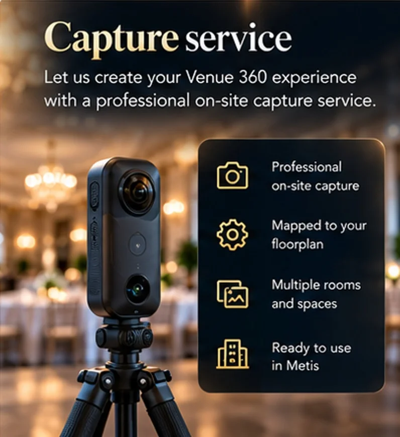 Venue 360 capture service: a professional 360-degree camera on a tripod in a ballroom. Professional on-site capture, mapped to your floor plan, multiple rooms and spaces, ready to use in Metis.