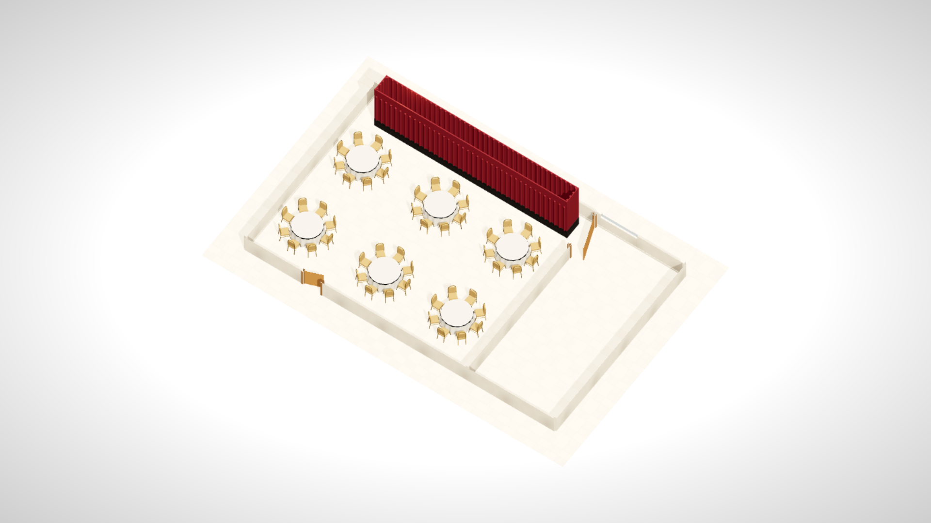The imported Meridian Room as a 3D dollhouse — six dressed tables, stage and guests, one page