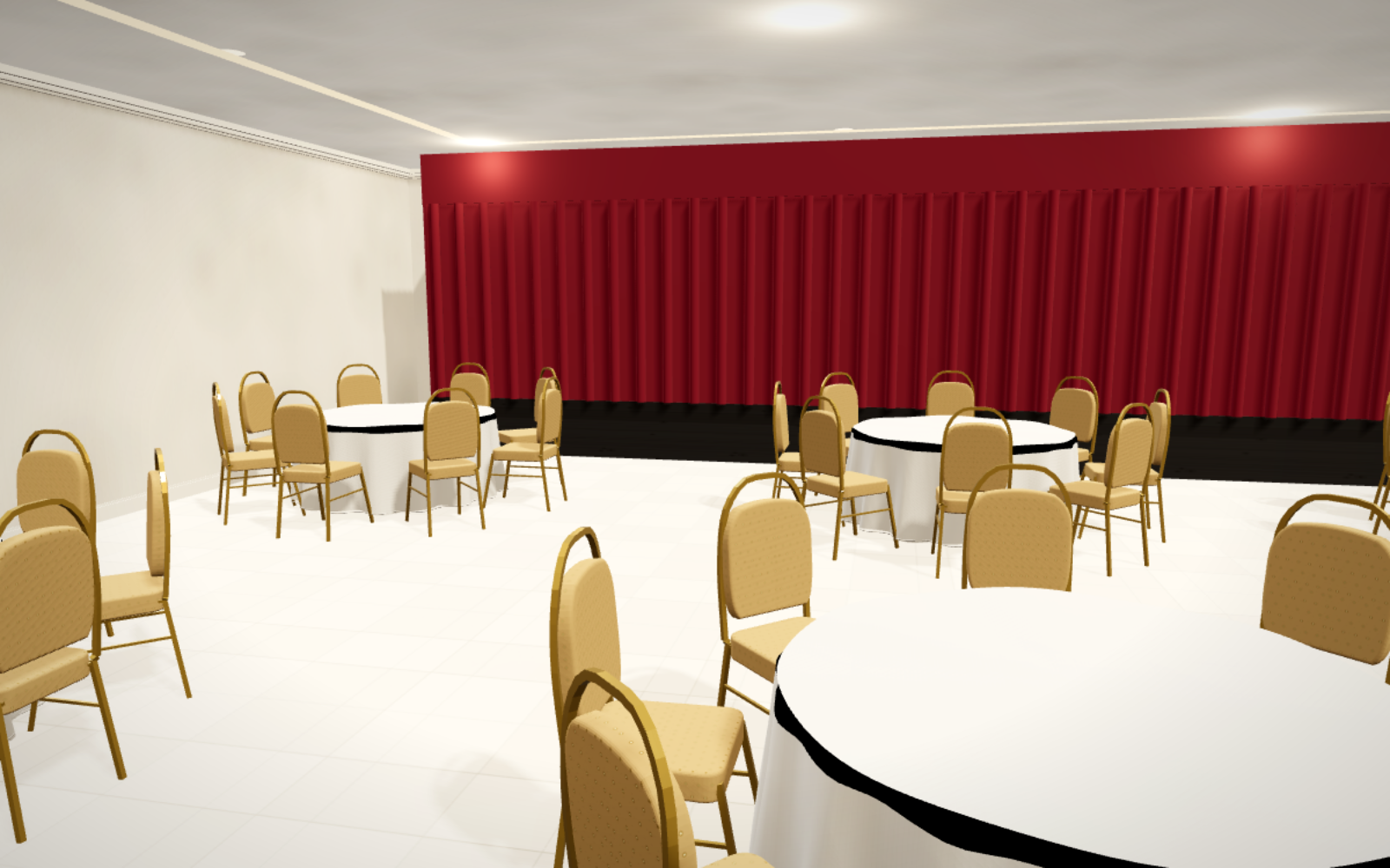 The same room in Metis: laid out with tables and stage, walkable in 3D