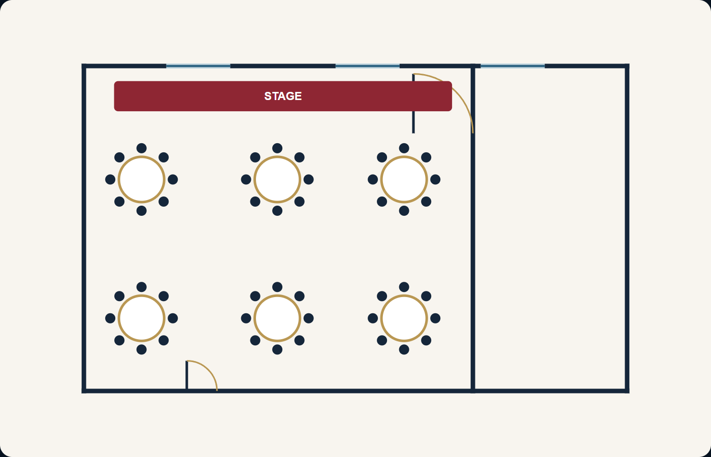 The same room laid out with six tables, chairs and a stage